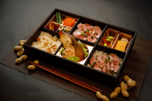 落花生ご飯、ちば和牛ステーキ、ローストビーフ、銀ひらす西京焼き御膳